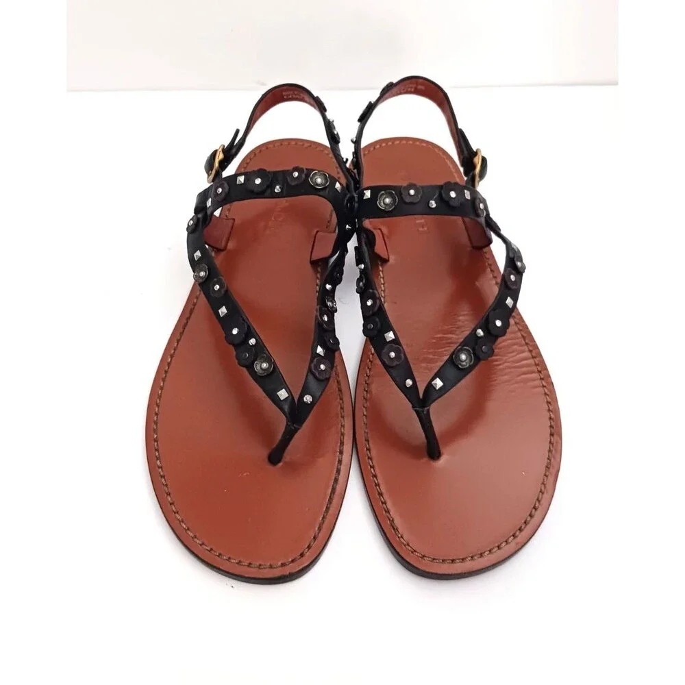 Coach Tea Rose Blk Leather Thong Sandals w Ankle Strap Floral Stud Trim US 10M
